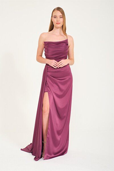 Carmen Mürdüm Yırtmaçlı Saten Abiye Kedi Kulağı Elbise