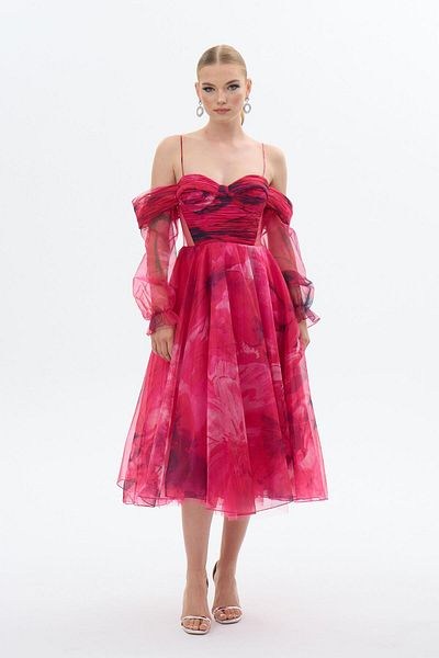 Carmen Rochie de seara cu bretele cu imprimeu organza fucsia
