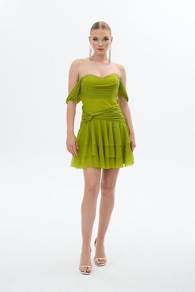 Carmen Peanut Green Low Sleeve Ruffled Chiffon Evening Dress