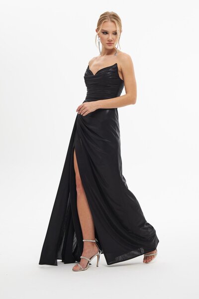 Carmen Siyah Parlak Örme Straplez Uzun Abiye Elbise