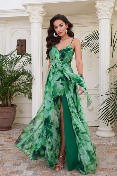 Carmen Grünes bedrucktes langes Abendkleid mit Trägern