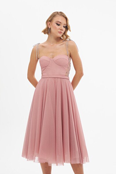 Carmen Gül Kurusu Tül Taşlı Prenses Söz Elbisesi