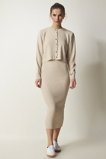 Lovelyİstanbul Knitwear Cardigan and Dress Set - Cream Lyy0078