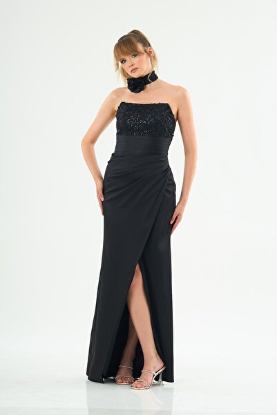 Carmen Satin Strapless Black Evening Dress - Slit Detail