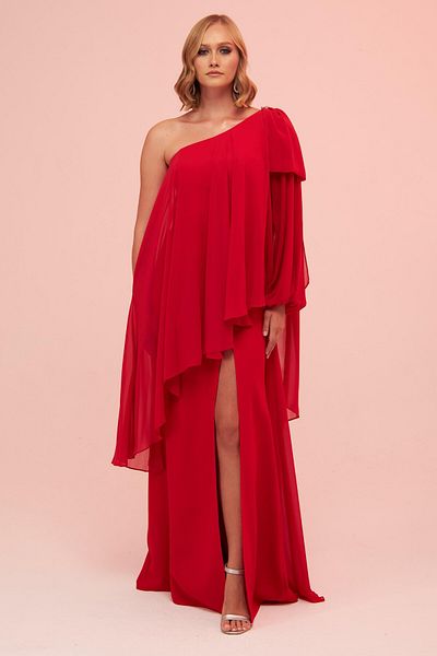 Carmen Red One Sleeve Slit Plus Size Chiffon Evening Dress