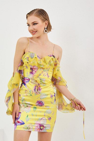 Carmen Yellow Printed Strap Short Evening Dress with Flounce Sleeves