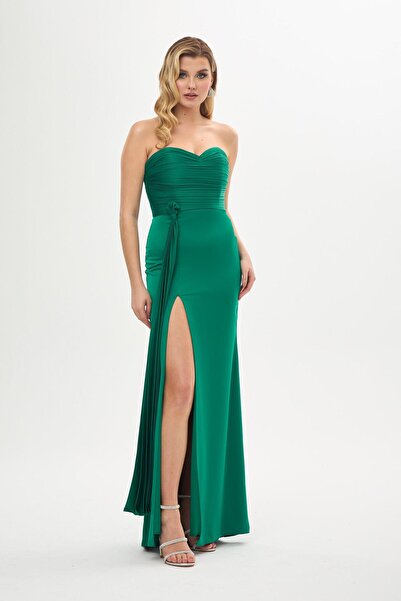 Carmen Zümrüt Dekolteli Yırtmaçlı Saten Abiye Elbise