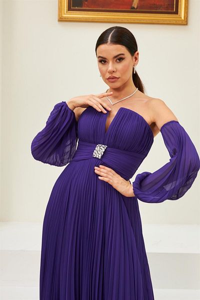Carmen Purple Chiffon Belt Detailed Long Evening Dress