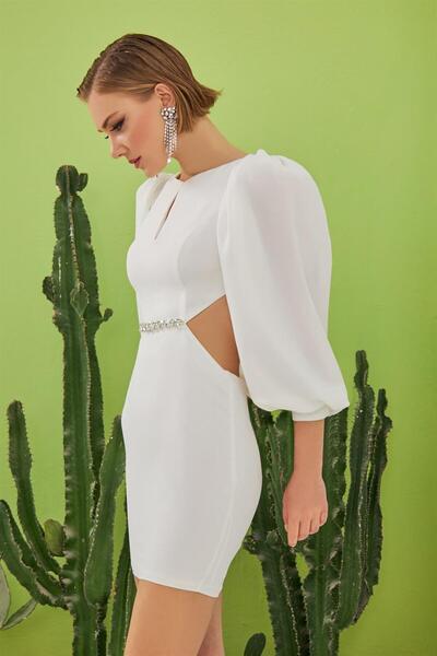 Carmen Ekru Krep Taşlı Balon Kollu Kısa Nikah Elbisesi