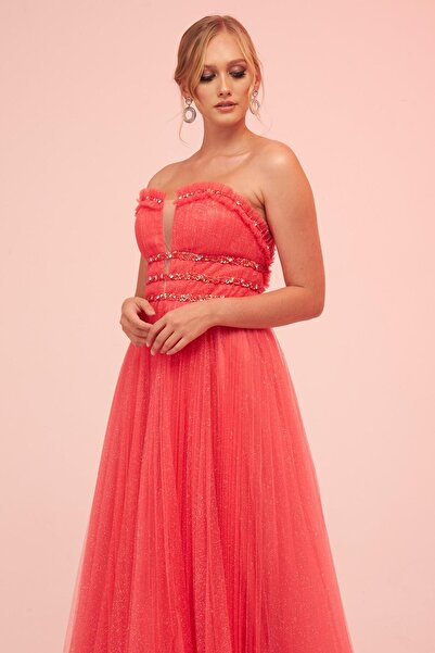 Carmen Coral Strapless Backless Tulle Engagement Dress