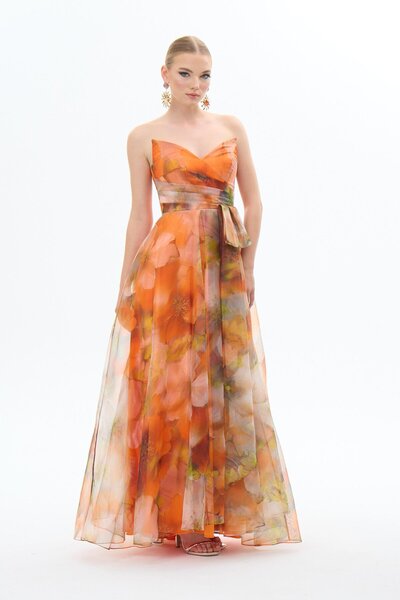 Carmen Orange Straplez Empirme Şifon Abiye Elbise