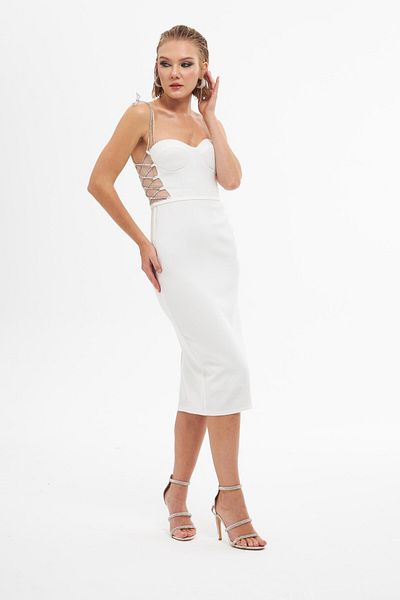 Carmen Ecru Stone Lace Midi Crepe Evening Dress
