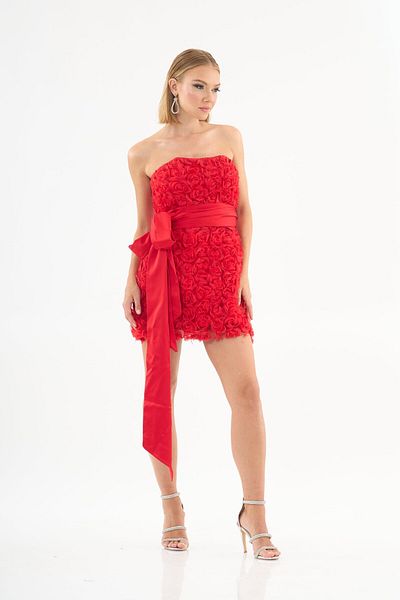 Carmen Rochie de seara satin rosu cu tul trandafir