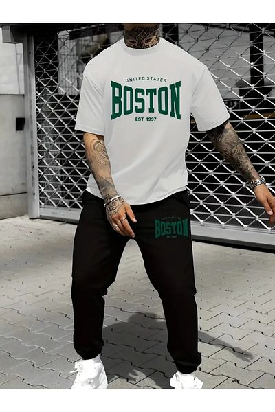 Pink Sky Boston Printed T-Shirt - Jogger T-Shirt Crew Neck Bottom Top Tracksuit Set