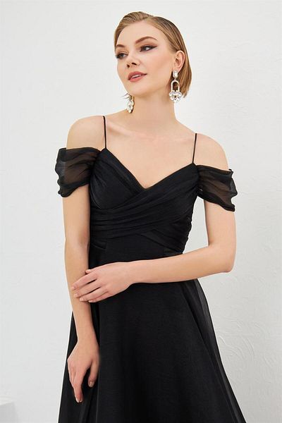 Carmen Black Organza Low Sleeve Short Evening Dress