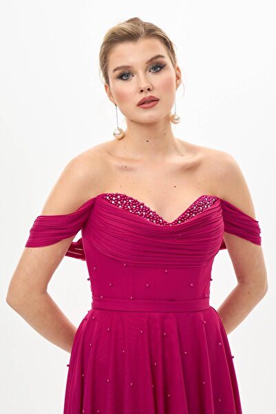 Carmen Fuşya İnci İşlemeli Şifon Söz Elbisesi