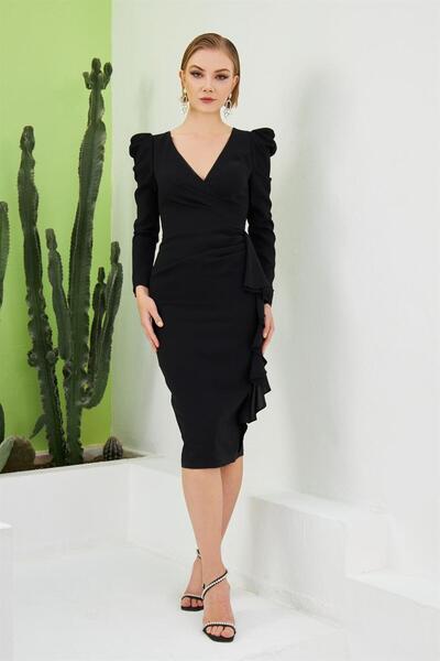 Carmen Siyah Krep Sırt Dekolteli Vatkalı Midi Abiye Elbise