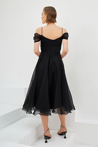 Carmen Siyah Organze Düşük Kol Kısa Abiye Elbise