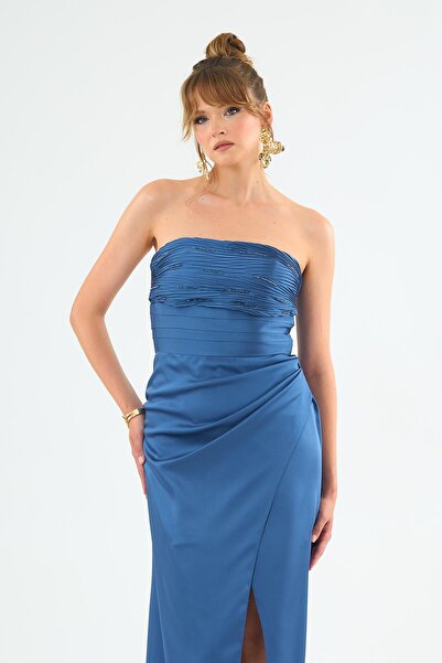 Carmen İndigo Straplez Pliseli Saten Abiye Elbise