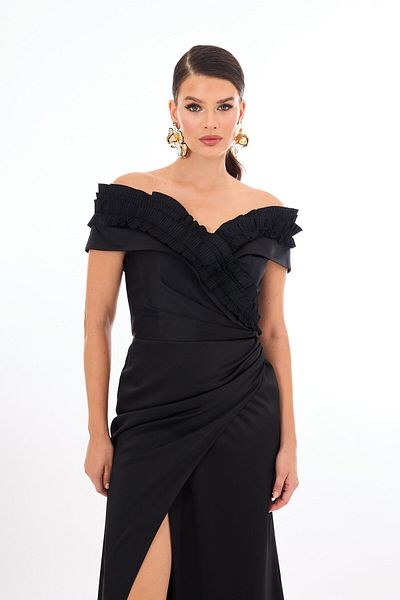 Carmen Satin Evening Dress - Black Ruffle and Slit
