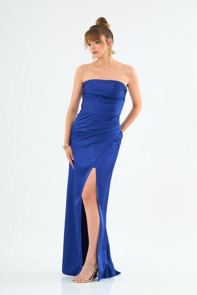 Carmen Saks Straplez Pliseli Saten Abiye Elbise