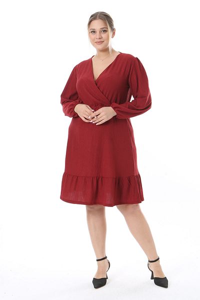 Madwilo Rochie de damă bordeaux cu guler dublu cu volane, mărime mare