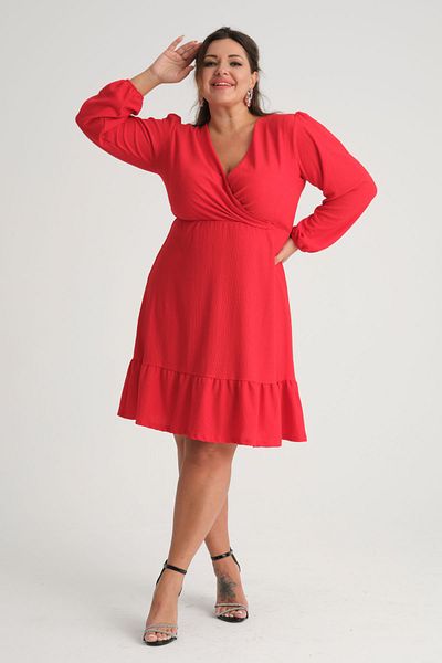 Madwilo Women's Red Double Breasted Collar Ruffle Detail Plus Size Dress