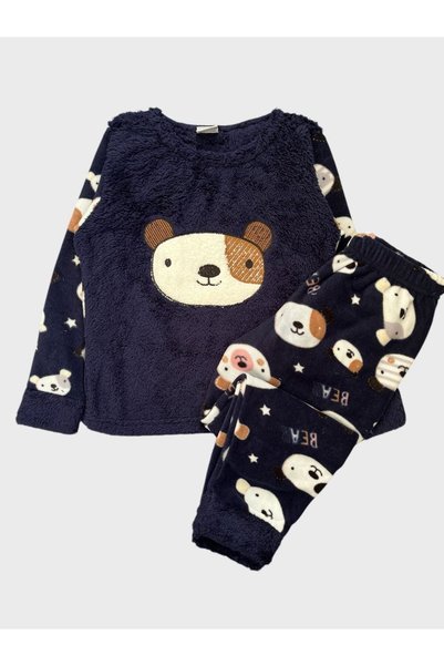 Fil Kids Girl's Navy Blue Teddy Bear Patterned Long Sleeve Winter Fleece Paja...