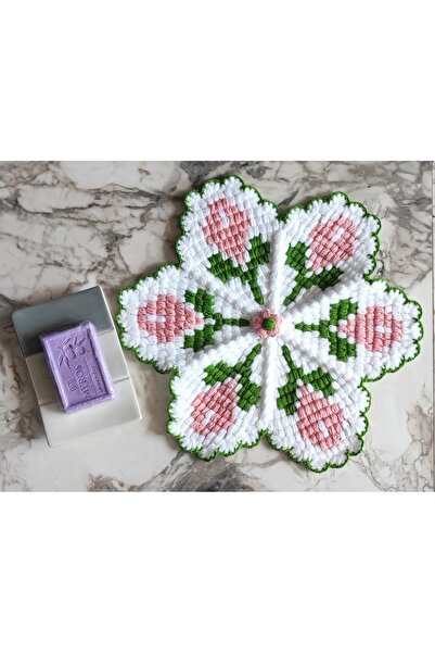 mbmh made by may hand El Örmesi Banyo Lifi Çeyizlik Beyaz Üzeri Yeşil Pembe Ç...