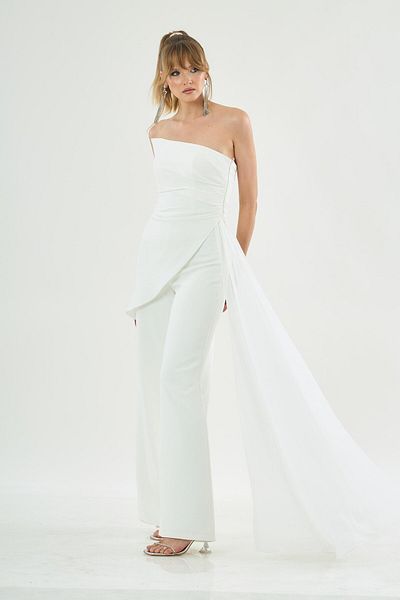 Carmen Strapless Ecru Tailed Crepe Jumpsuit