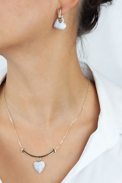 Liveyn Design Zircon Stone Heart Figured Gold Necklace Earring Set
