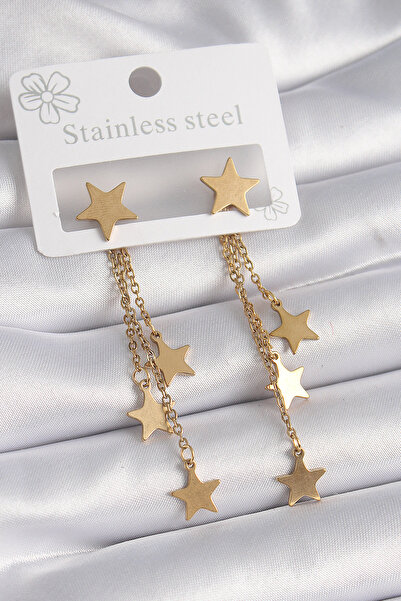 Skygo 316L Çelik Gold Renk Yıldız Model Çoklu Sallantı Yıldız Kadın Küpe - TJ...