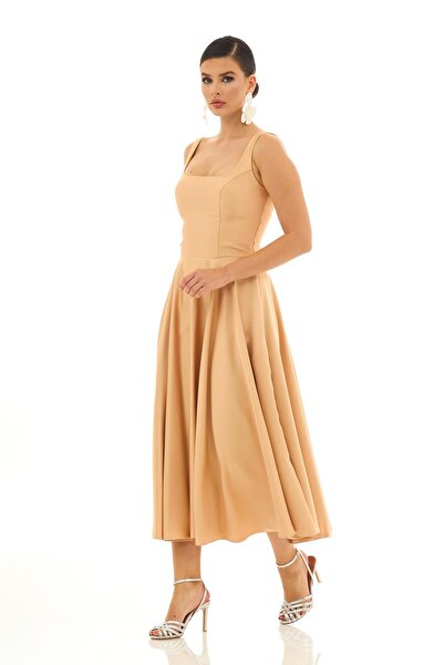 Carmen Bej Sırt Dekolteli Midi Saten Abiye Elbise