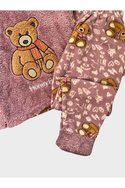 Fil Kids Girl's Powder Color Teddy Bear Patterned Long Sleeve Winter Fleece Pajama Set