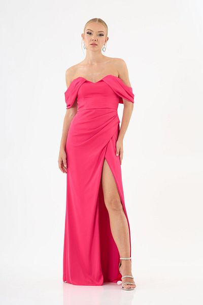 Carmen Fuchsia Low Sleeve Slit Satin Evening Dress
