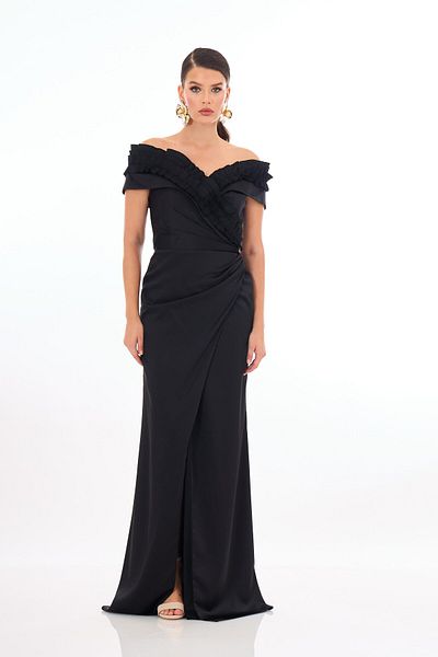 Carmen Satin Evening Dress - Black Ruffle and Slit