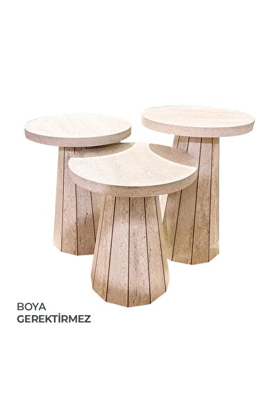 Metus Ahşap Traverten Desenli 3'lü Fıçı Zigon Sehpa