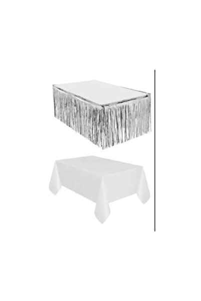PartAntalya Πλαστικό λευκό τραπεζομάντιλο και ασημί μεταλλική φούντα τραπεζιού