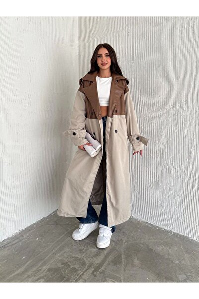 ELBEY Deri Önü İp Bağlamalı Düğmeli Uzun Trençkot