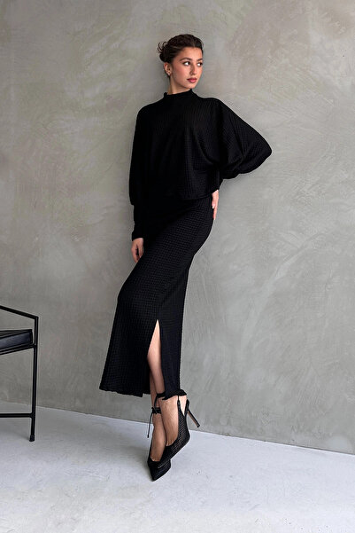 bacc Set fuste și bluze pentru femei cu fante cu textura neagră - Bcdf- 242121