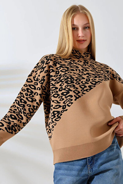 bacc Pulover de damă cu guler înalt, cu imprimeu leopard, în blocuri de culoa...