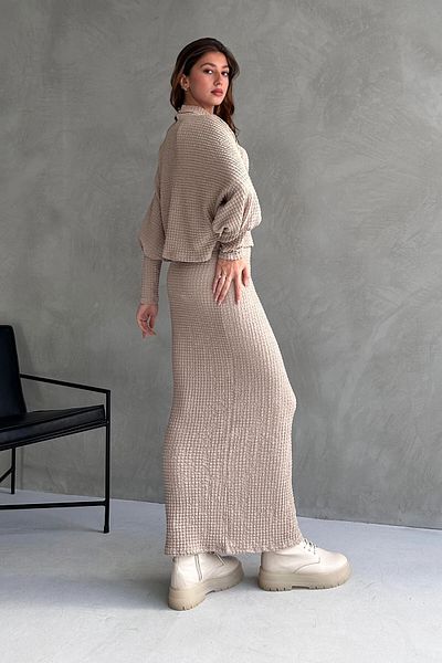 bacc Beige Women's Skirt and Blouse Set - Slit Detail, Textured Bcdf- 242121