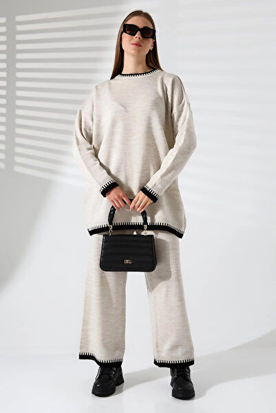 bacc Women's Stone Crew Neck Shepherd Stitched Sweater and Palazzo Knitwear T...