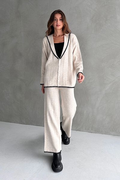 bacc Ecru Women's Knitwear Set - 2-Piece Winter Set with Shawl Collar and Ribbed Detail Bc24A500