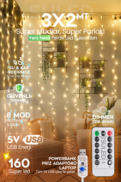 SULED Süsleme Işığı Kumandalı Perde Led 3x2Mt USB Enerjili 160 Led 8 Modlu Ayarlanabilir İç ve Dış Mekan