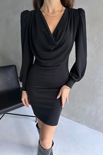 bacc Rochie mini neagră de damă cu guler degajat Bcdf- 242135