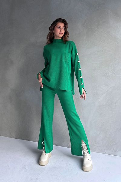 bacc Green Winter Knitwear Set - Button Detailed and Slit Leg Bc24A533