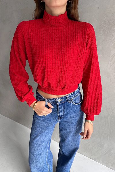 bacc Women's Red Turtleneck Textured Crop Blouse Bcdf- 242126