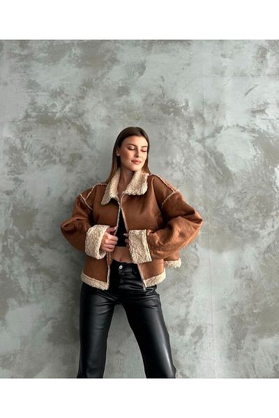 DHDmoda Tan Brown Fur Lined Suede Coat