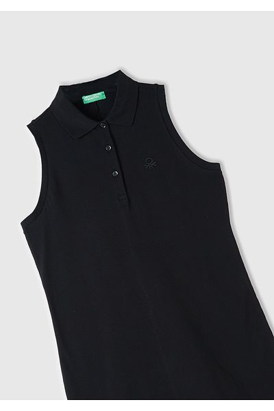 United Colors of Benetton Women's Black Cotton Blended Chest Logo Embroidered Buttoned Polo Collar Dress